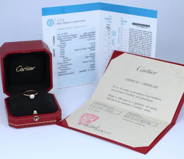 Bague de fiançailles cartier 1895 en or jaune 18 carats, 0,72 ct, diamant rond d vs1