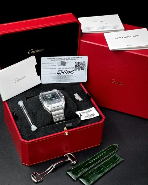 Montre cartier santos 2025, grand cadran vert, wssa0062, bracelet acier/cuir, coffret complet