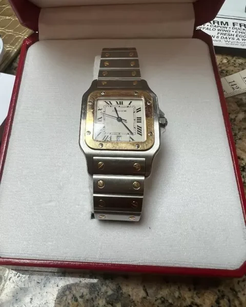 Montre homme cartier santos bbc8346 authentique, bicolore, acier inoxydable, or 18 carats