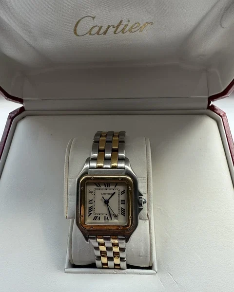 Montre unisexe vintage panthère de cartier 27 mm en acier et or à deux rangs, avec boîte et papiers