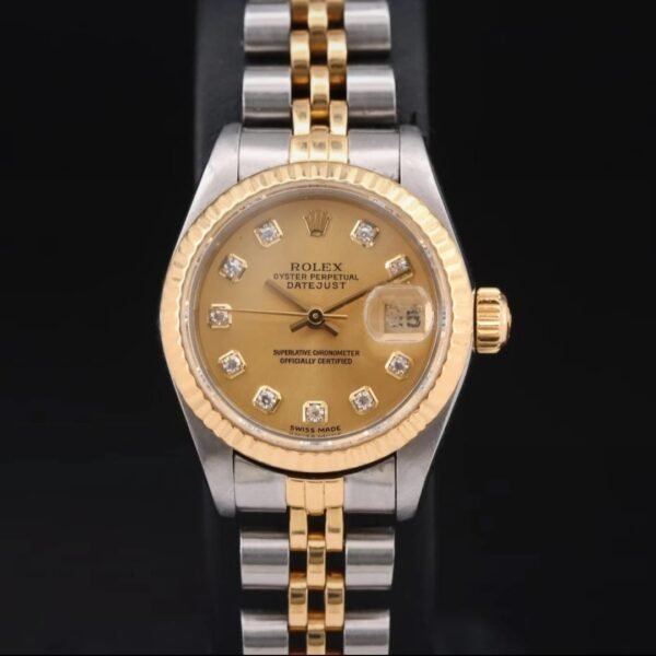 Montre Rolex Datejust pour femme en or 18 carats et acier inoxydable Cadran diamant